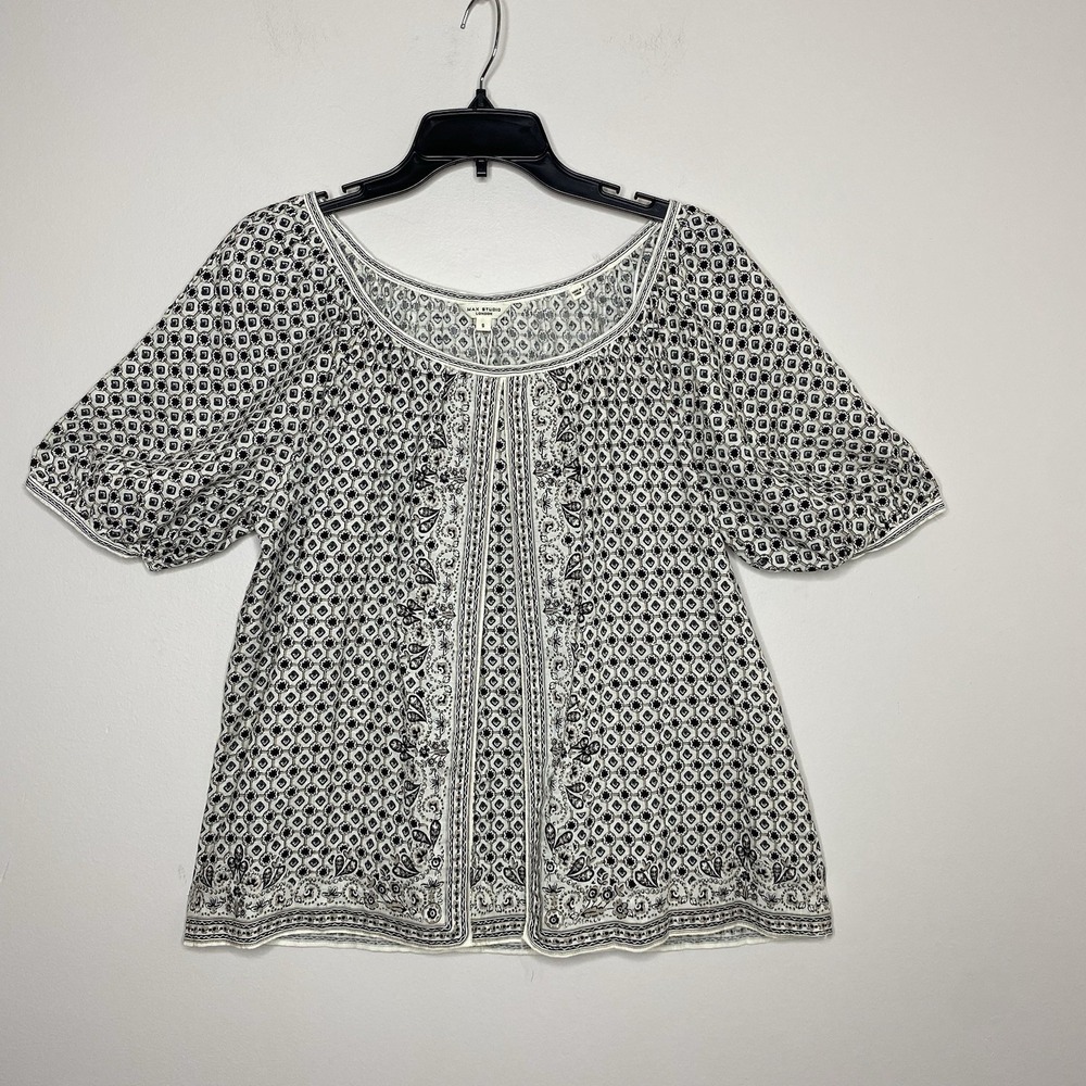 Max Studio London Womens Small Boho Peasant Blouse Puff Sleeve Ivory Black Print